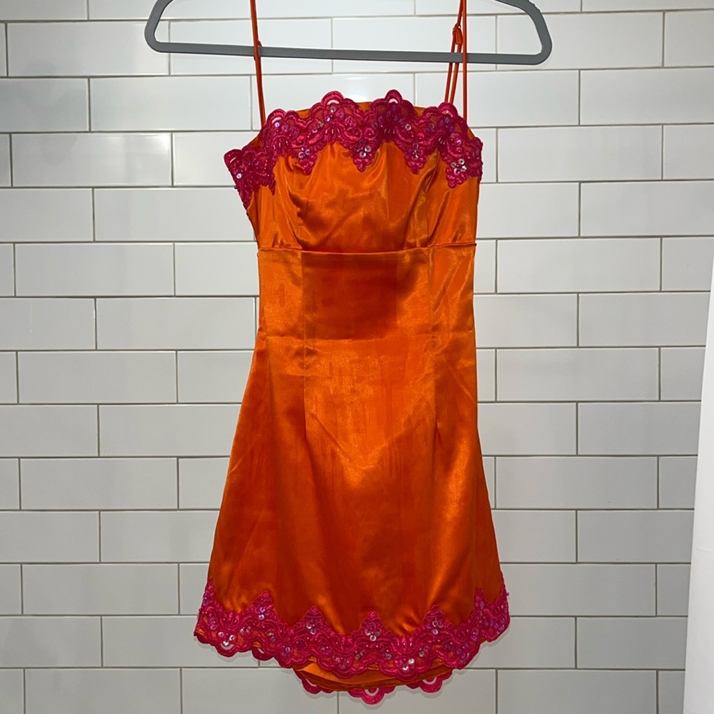 REVOLVE Orange Mini Dress with Pink Lace Trim